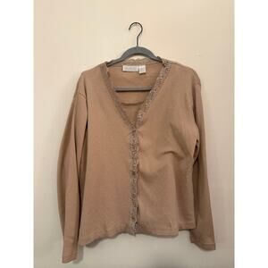 Erik Stewart XL Beige Cardigan & Camisole Set – Lace Trim 100% Cotton